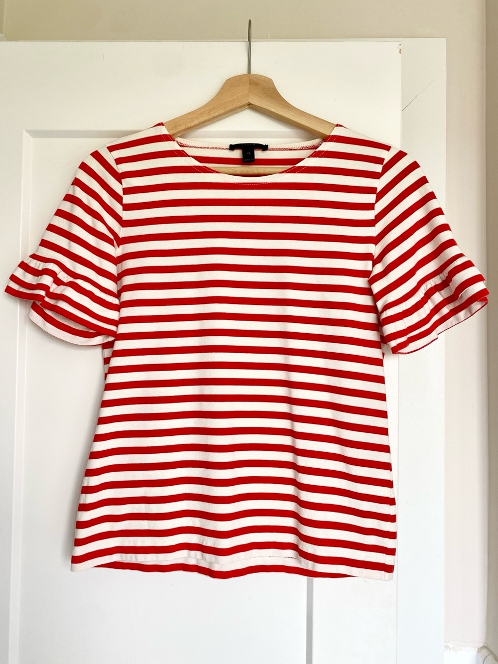 J. Crew Red & White Striped Ruffle Sleeve Tee XS